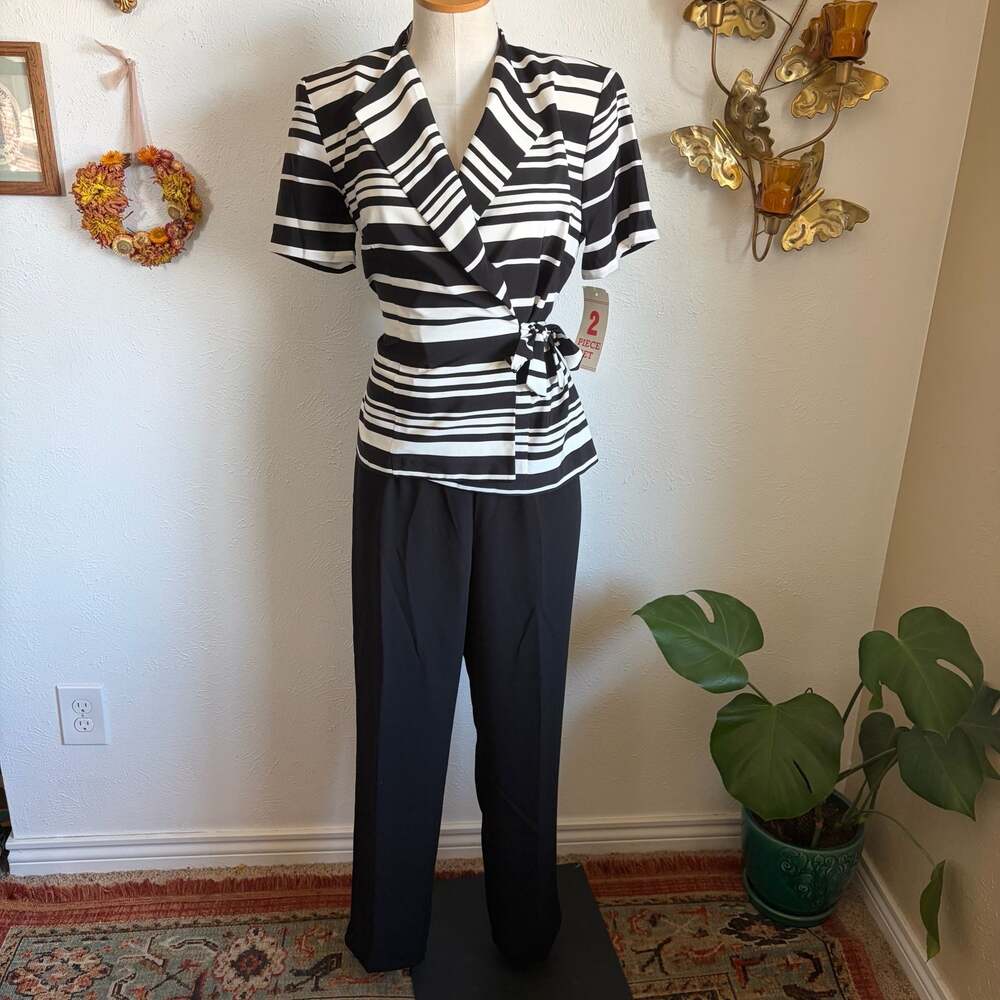 Vintage NWT 2-Piece Set Black and White Striped Wrap Blouse and Trousers M